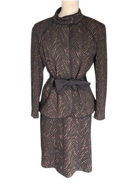LIGHT Black/Brown Animal Print Belt Tie Jacket Pencil Skirt 2 Piece Suit (L/10)